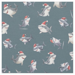Tossed Christmas Sharks on Gray-Blue Fabric