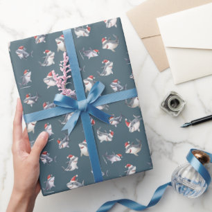 Tossed Christmas Sharks on Gray-Blue Wrapping Paper