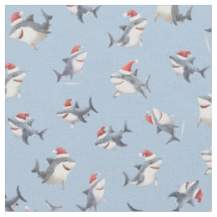 Tossed Christmas Sharks on Light Blue Fabric