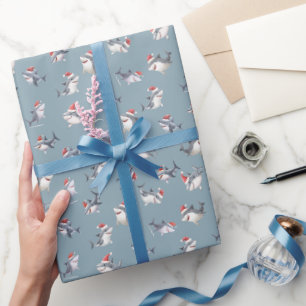 Tossed Christmas Sharks on Light Gray-Blue Wrapping Paper