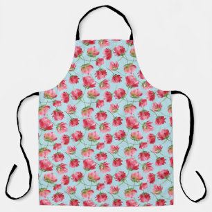 Tossed Crimson Red Watercolor Florals Polka Dots Apron
