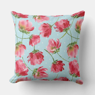 Tossed Crimson Red Watercolor Florals Polka Dots Cushion