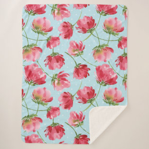 Tossed Crimson Red Watercolor Florals Polka Dots Sherpa Blanket
