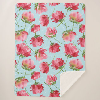 Tossed Crimson Red Watercolor Florals Polka Dots Sherpa Blanket