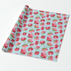 Tossed Crimson Red Watercolor Florals Polka Dots Wrapping Paper
