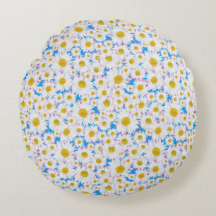 Tossed Ditzy White Daisies on Sky Blue Round Cushion