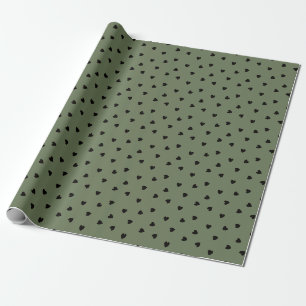 Tossed freeheand black hearts on solid olive green wrapping paper