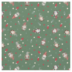 Tossed Gnomes Wrapped in Lights on Green Fabric