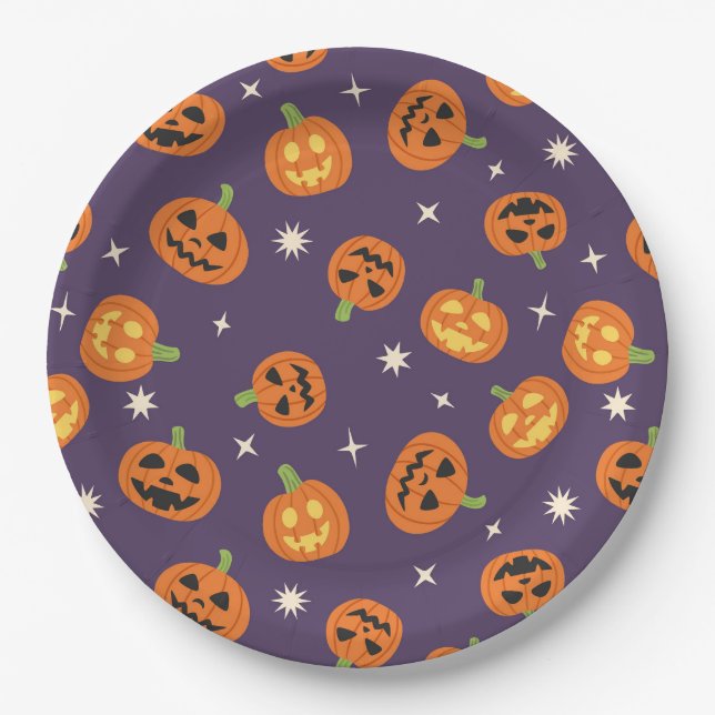 Tossed Halloween Pumpkins Pattern on dark purple Paper Plate (Front)