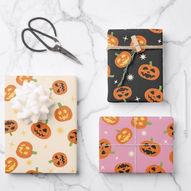 Tossed Halloween Pumpkins Wrapping Paper Sheet (Front)