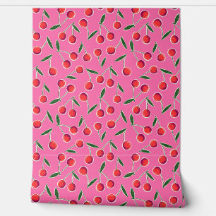 Tossed Retro Berry Cherries on Hot Pink - Kitchen Wallpaper