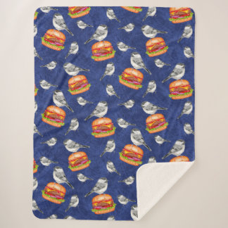 Tossed Tahoe Cheeseburger Birds on Deep Blue Sherpa Blanket