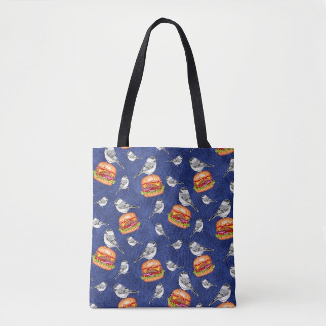 Tossed Tahoe Cheeseburger Birds on Deep Blue  Tote Bag (Front)