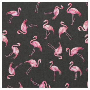 Tossed Watercolor Flamingos on Black Fabric