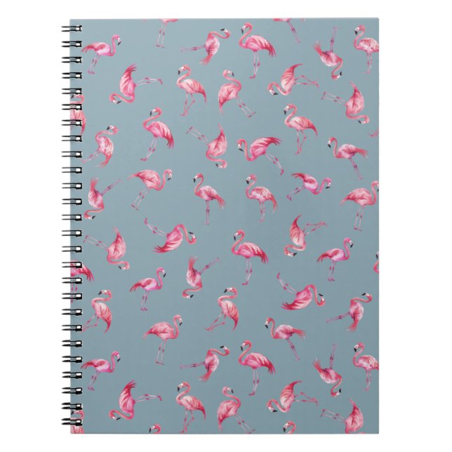 Tossed Watercolor Flamingos on Light Gray-Blue Notebook (Front)