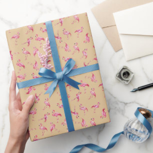 Tossed Watercolor Flamingos on Light Orange Wrapping Paper