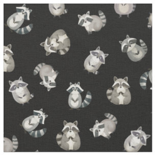 Tossed Watercolor Raccoons on Black Fabric