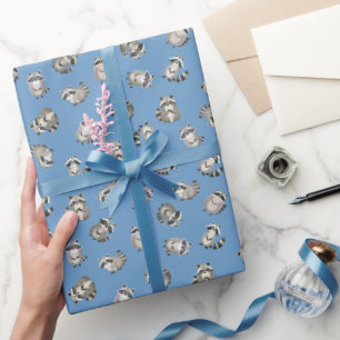 Tossed Watercolor Raccoons on Blue Wrapping Paper