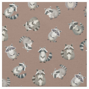 Tossed Watercolor Raccoons on Brown Fabric