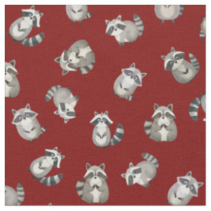Tossed Watercolor Raccoons on Dark Red Fabric
