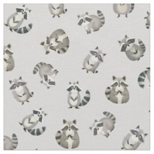 Tossed Watercolor Raccoons on Light Gray Fabric