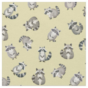 Tossed Watercolor Raccoons on Light Yellow Fabric