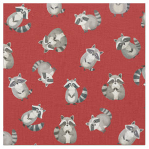 Tossed Watercolor Raccoons on Red Fabric