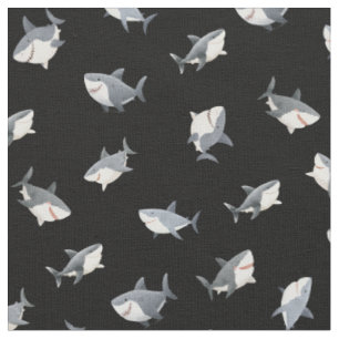 Tossed Watercolor Sharks on Black Fabric