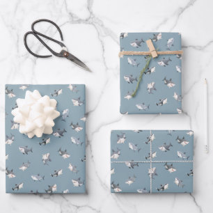 Tossed Watercolor Sharks on Light Gray-Blue Wrapping Paper Sheet