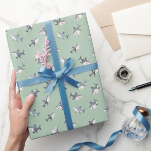 Tossed Watercolor Sharks on Light Green Wrapping Paper
