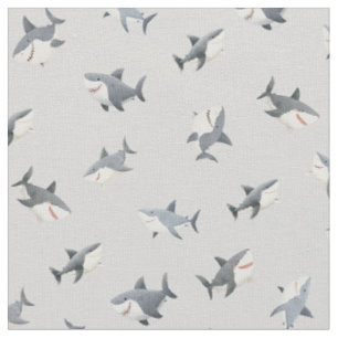 Tossed Watercolor Sharks on Light Grey Fabric