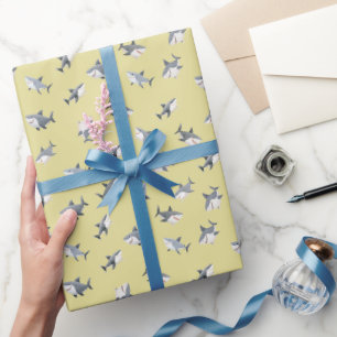 Tossed Watercolor Sharks on Light Yellow Wrapping Paper