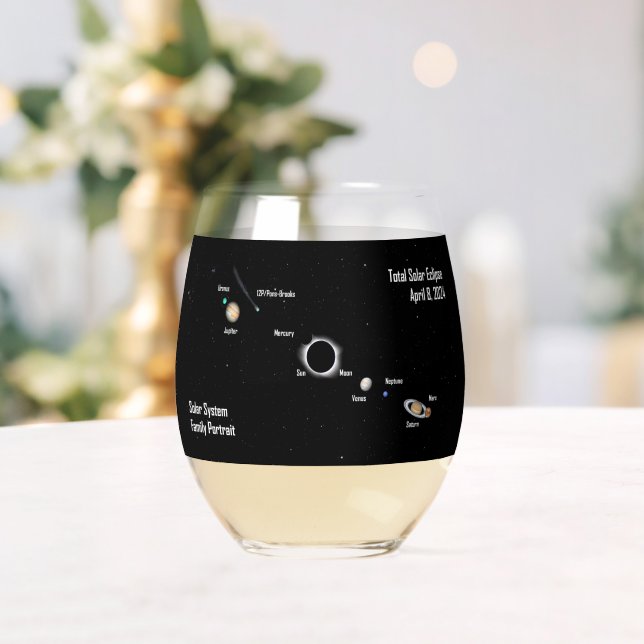 Total Eclipse 2024 Solar System Family Portrait  Stemless Wine Glass (Insitu (Wedding))