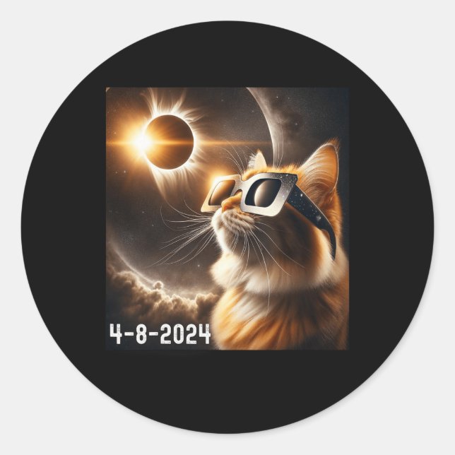 Total Solar Eclipse 2024 Cat Wearing Solar Eclipse Classic Round Sticker (Front)