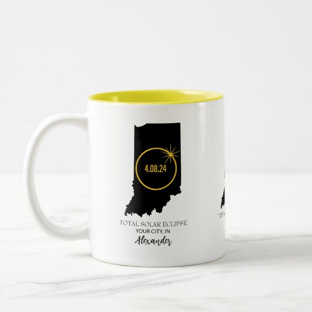Total Solar Eclipse 2024 Custom Name, City Indiana Two-Tone Coffee Mug (Left)