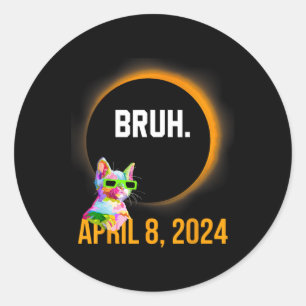 Total Solar Eclipse 2024 Fun Cat Saying Bruh Meme Classic Round Sticker