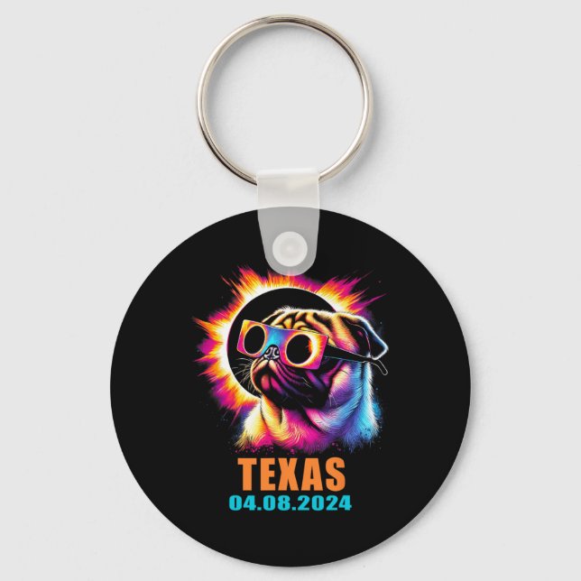 Total Solar Eclipse 2024 Pug Dog With Gles  Key Ring (Front)