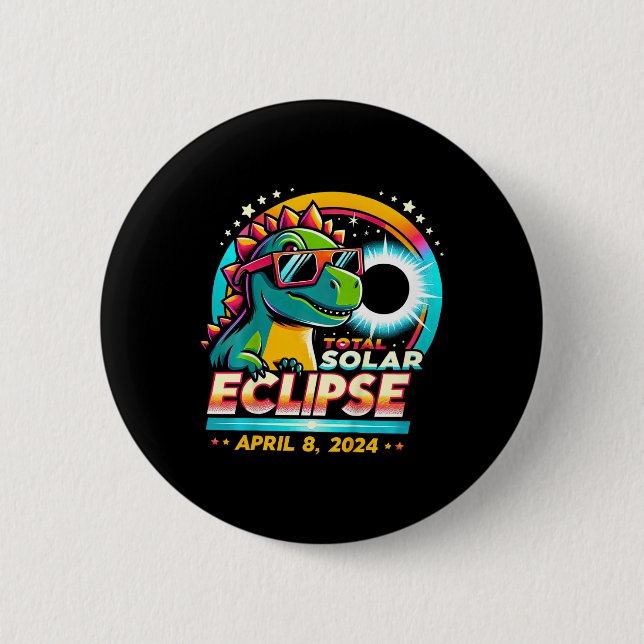 Total Solar Eclipse 2024 T-rex Wearing Solar Glass 6 Cm Round Badge (Front)
