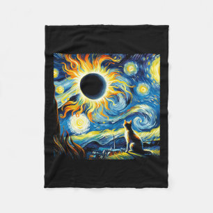 Total Solar Eclipse 2024 Van Gogh Starry Night Cat Fleece Blanket