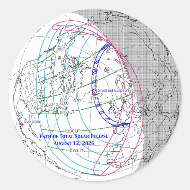 Total Solar Eclipse 2026 Map Classic Round Sticker (Front)