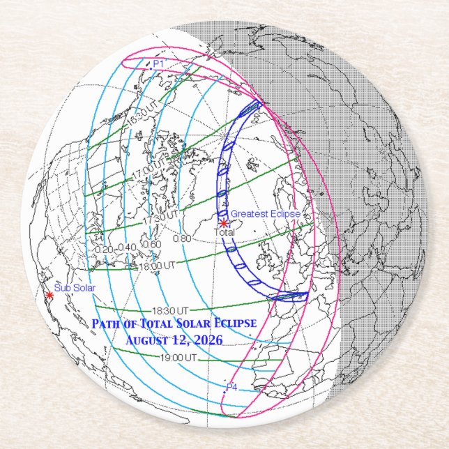 Total Solar Eclipse 2026 Map Round Paper Coaster (Front)