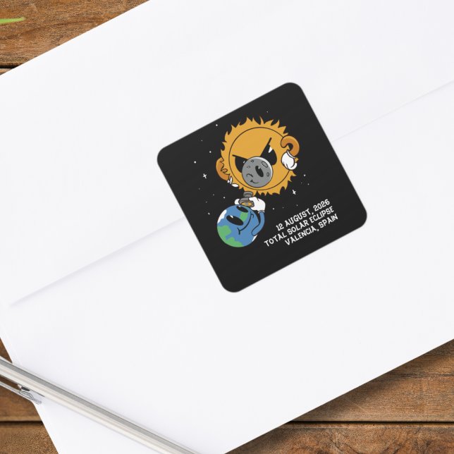Total Solar Eclipse 2026 Spain Photobomb Square Sticker (Change city, or other text, to personalize.  Matching items available)