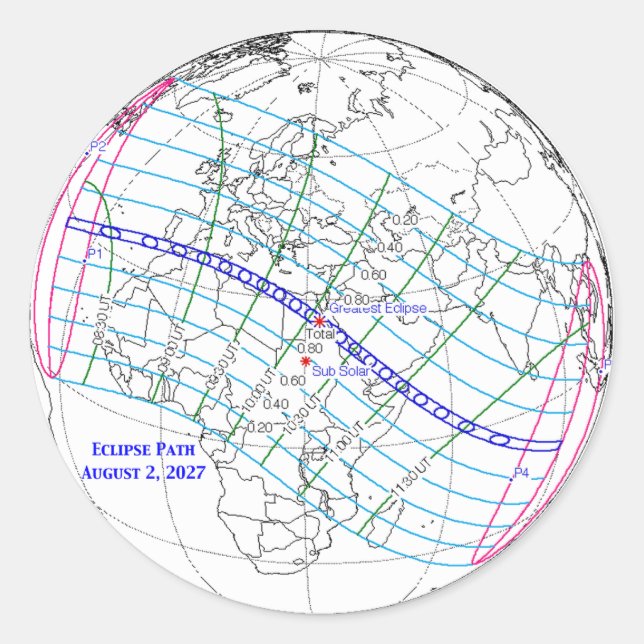 Total Solar Eclipse 2027 Map Classic Round Sticker (Front)
