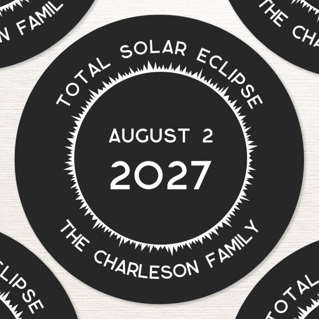 Total Solar Eclipse 2027 Personalised  Classic Round Sticker (Total solar eclipse August 2nd 2027 personalized family name custom text sticker)