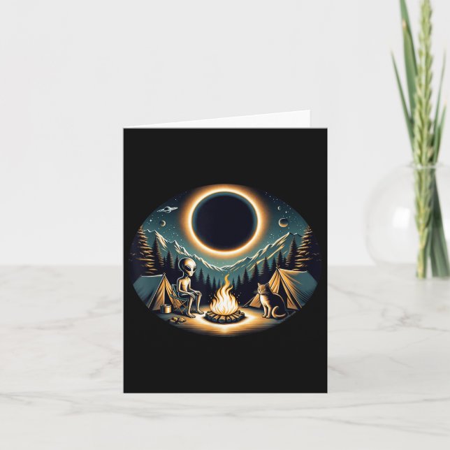 Total Solar Eclipse April 2024 Alien Cat Camping O Card (Front)