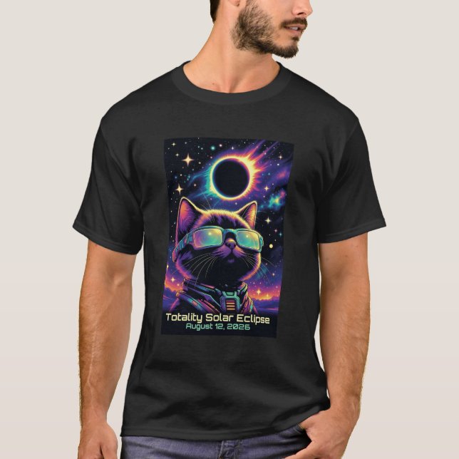 Total Solar Eclipse August 12 2026 Cat Space Tee (Front)