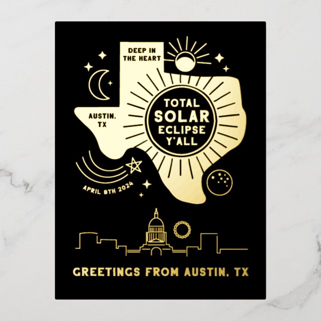 Total Solar Eclipse Austin Texas Gold Foil Holiday Postcard (Front)