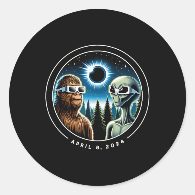 Total Solar Eclipse Fun Bigfoot Alien April Date  Classic Round Sticker (Front)