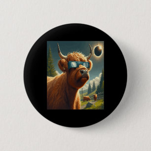 Total Solar Eclipse Highland Cow Wearing Sungles 6 Cm Round Badge