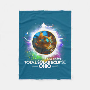 Total Solar Eclipse Ohio Cat Illustration Fleece Blanket
